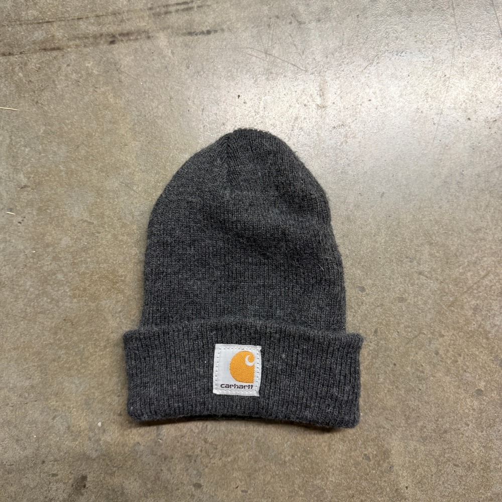 Carhartt Kids Charcoal Gray Knit Beanie Hat Ribbed Cuffed Logo Patch Winter Cap